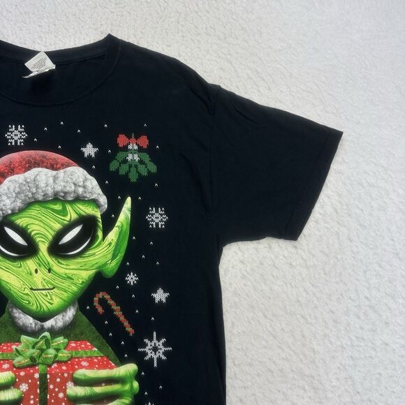 Alien Christmas Shirt Mens Medium M Black Believe Short Sleeve Holiday Cotton - Picture 5 of 9